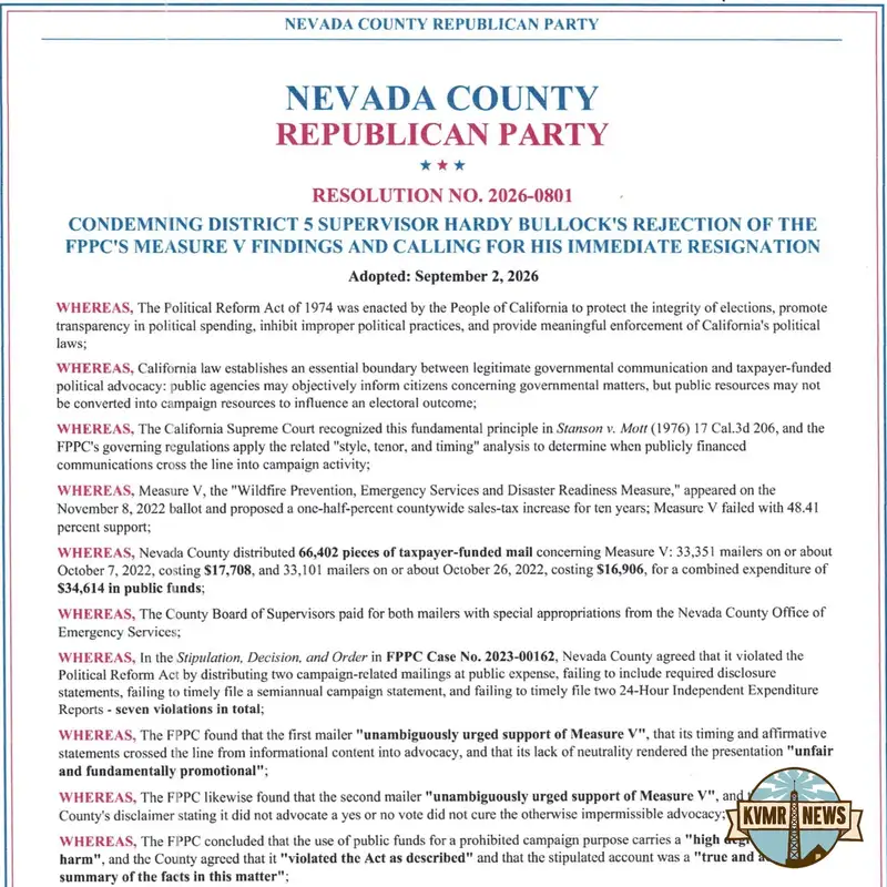 The Nevada County Republican Party Calls For Nevada County District 5 Supervisor Hardy Bullock's Resignation