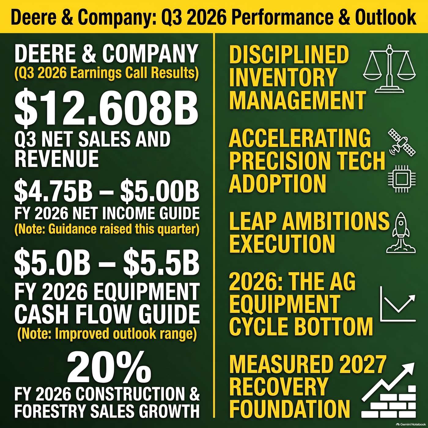 Deere & Company (DE) Announced Q3 2026 Earnings on August 20, 2026, Reporting "Net sales and revenues were up 5% to $12.608 billion" for the third quarter