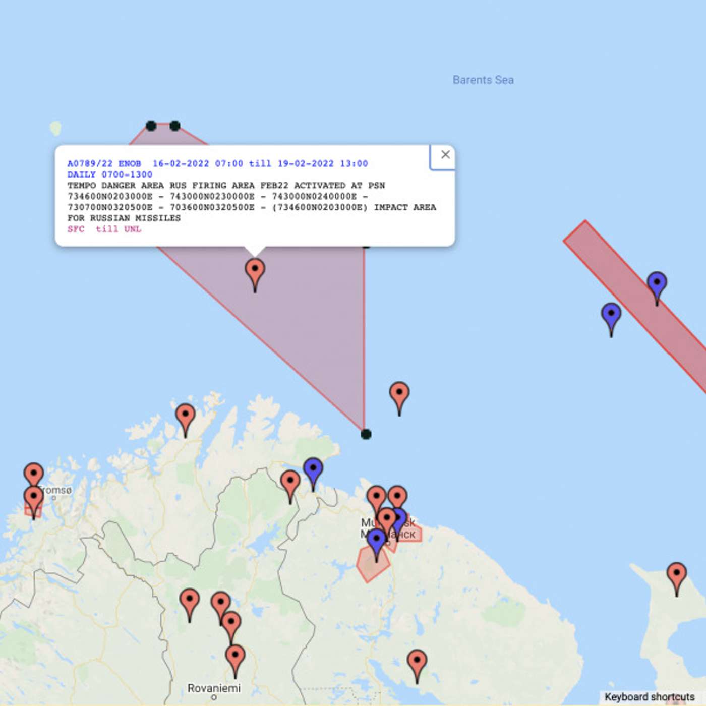 Россия закрывает для полетов крупнейший район в норвежском секторе Баренцева моря