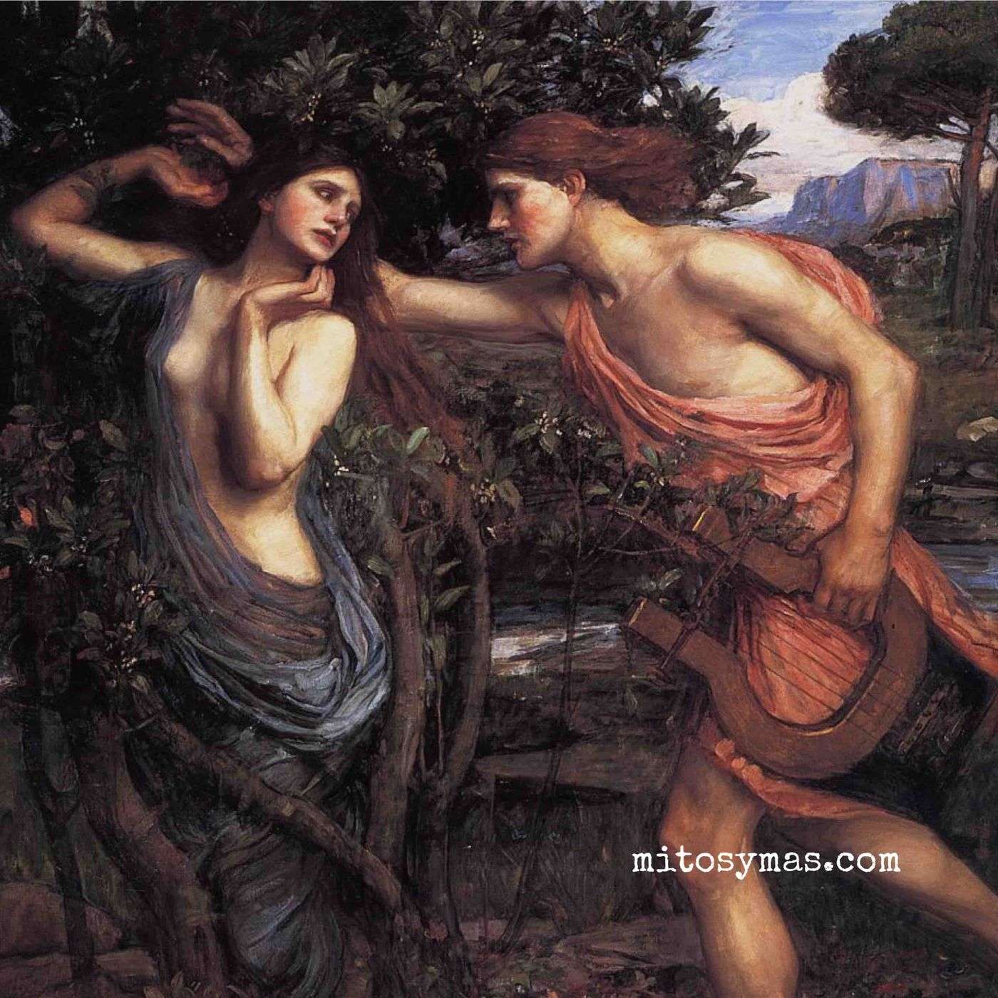 Apolo, Dafne, Leucipo, y una corona de laurel.