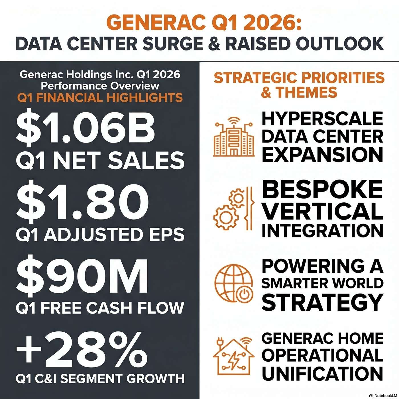 Generac Holdings Inc. (GNRC) Announced Q1 2026 Earnings on April 29, 2026, Reporting "consolidated net sales during the quarter increased 12% to $1.06 billion". artwork