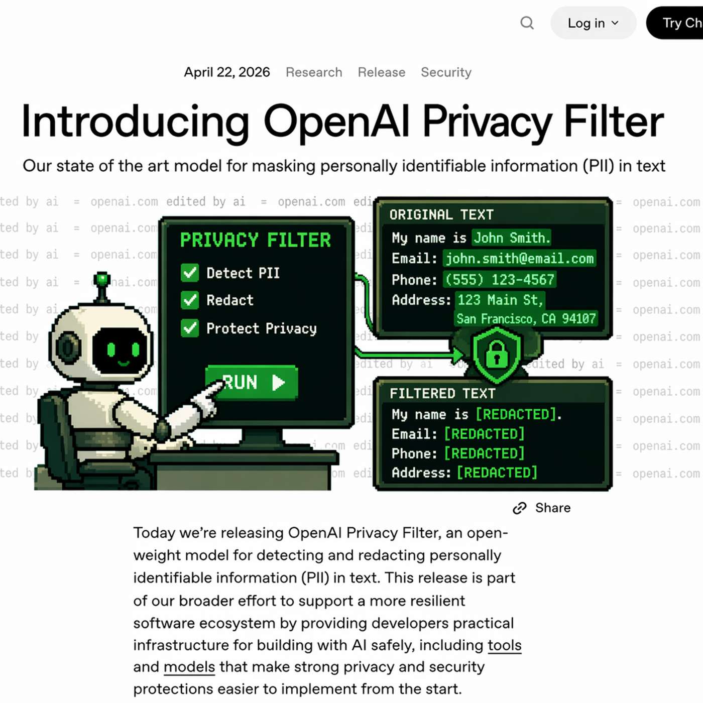 OpenAI Open-Sources Privacy Filter, a Tiny Model That Scrubs PII Without an API Call