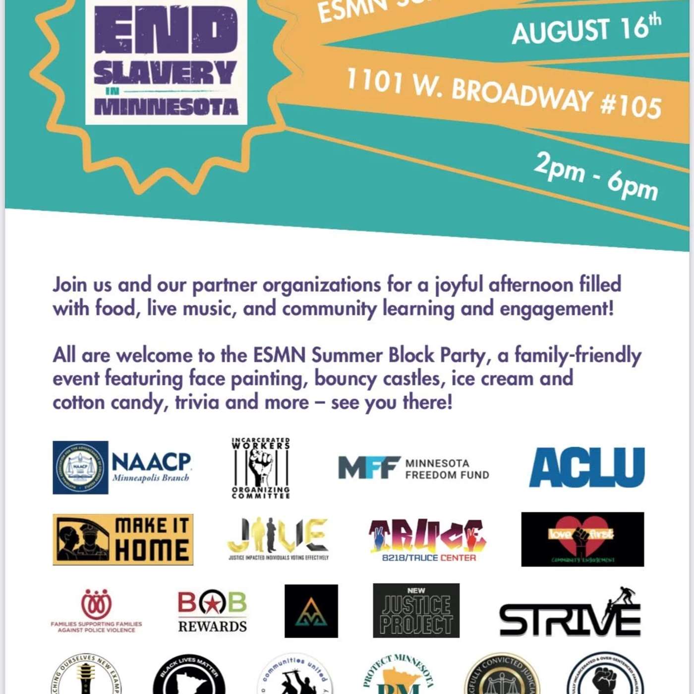 8-8-25 End Slavery Minnesota was on the Morning Show talking about their work — and now they’re inviting you to the ESMN Summer Block Party, August 16th from 2 to 6 at 1101 West Broadway. Free fun for the whole family with music, games, and community conn