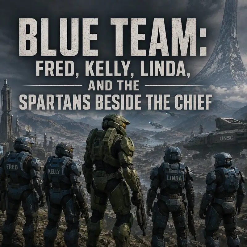 Blue Team: Fred, Kelly, Linda, and the Spartans Beside the Chief