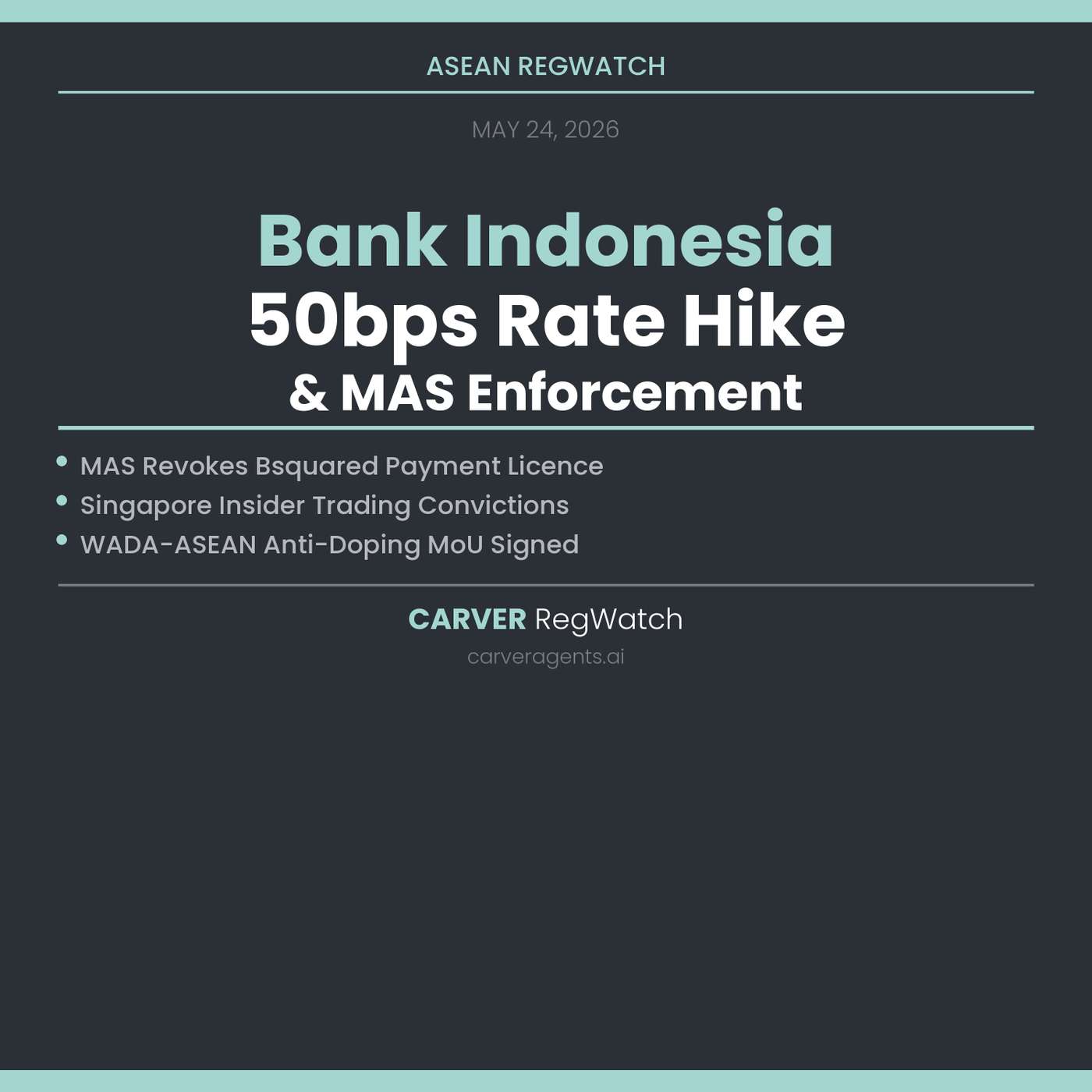 Bank Indonesia 50bps Rate Hike, MAS Revokes Bsquared Payment Licence & Singapore Insider Trading Convictions — ASEAN RegWatch May 24, 2026 episode artwork
