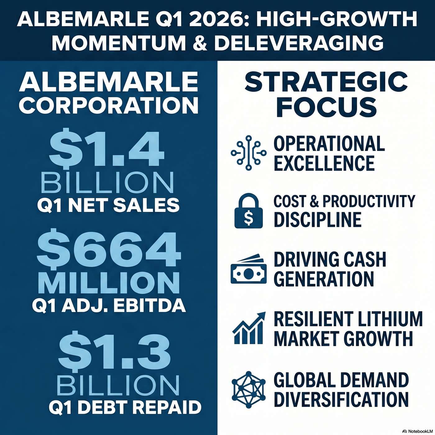 Albemarle Corporation Announced Q1 2026 Earnings on May 7, 2026, Reporting "net sales of $1.4 billion, up 33% year-over-year". artwork