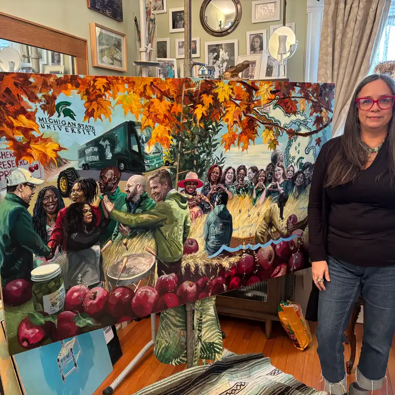 Colorful painting by MSU artist commemorates inaugural Spartan Bus Tour